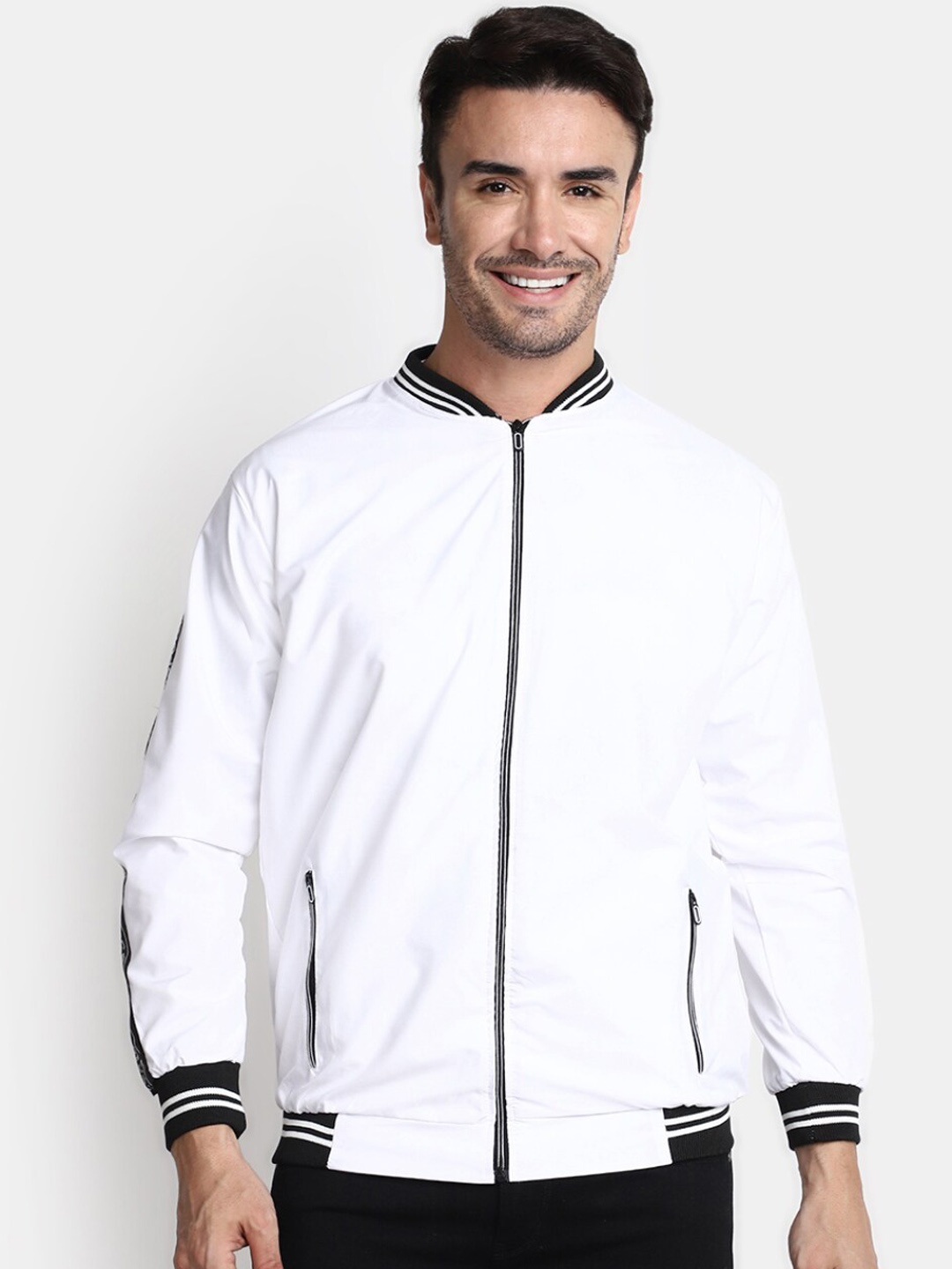 

V-Mart Stand Collar Cotton Bomber Jacket, White
