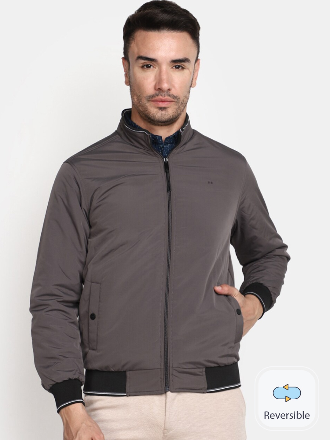

V-Mart Mock Collar Cotton Reversible Bomber Jacket, Grey