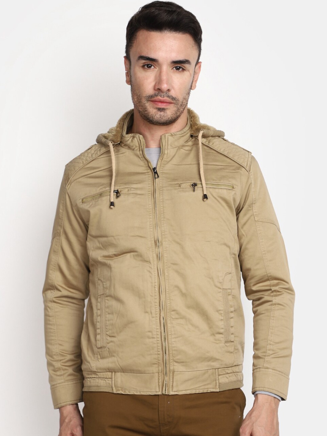 

V-Mart Mock Collar Hooded Cotton Bomber Jacket, Beige