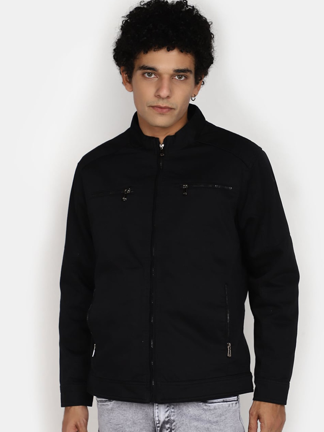 

V-Mart Mock Collar Cotton Bomber Jacket, Black