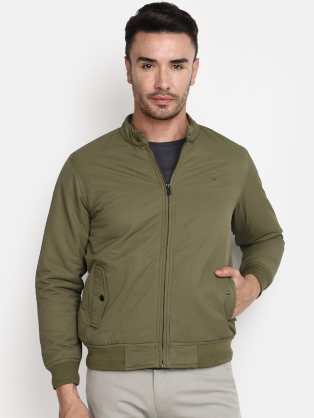 

V-Mart Mock Collar Cotton Bomber Jacket, Green
