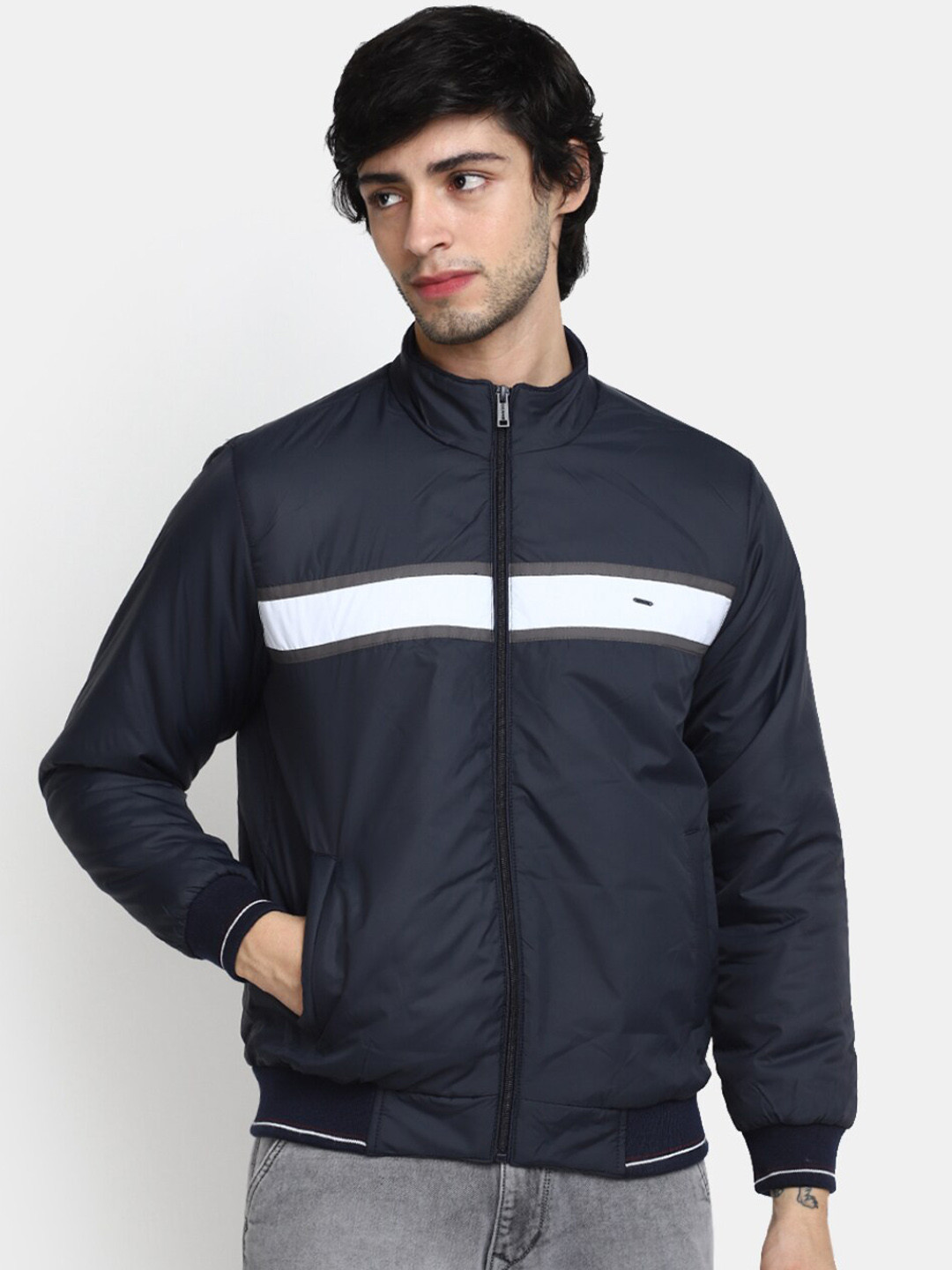 

V-Mart Striped Mock Collar Long Sleeves Cotton Bomber Jacket, Blue