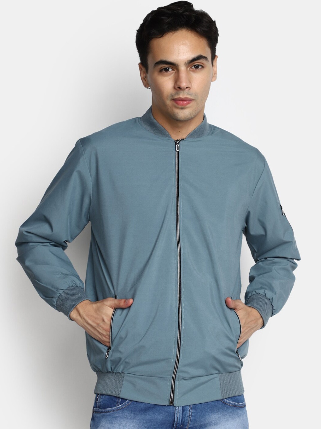 

V-Mart Mock Collar Cotton Bomber Jacket, Blue