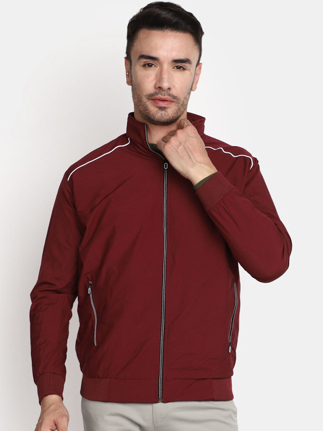 

V-Mart Mock Collar Long Sleeves Cotton Bomber Jacket, Maroon