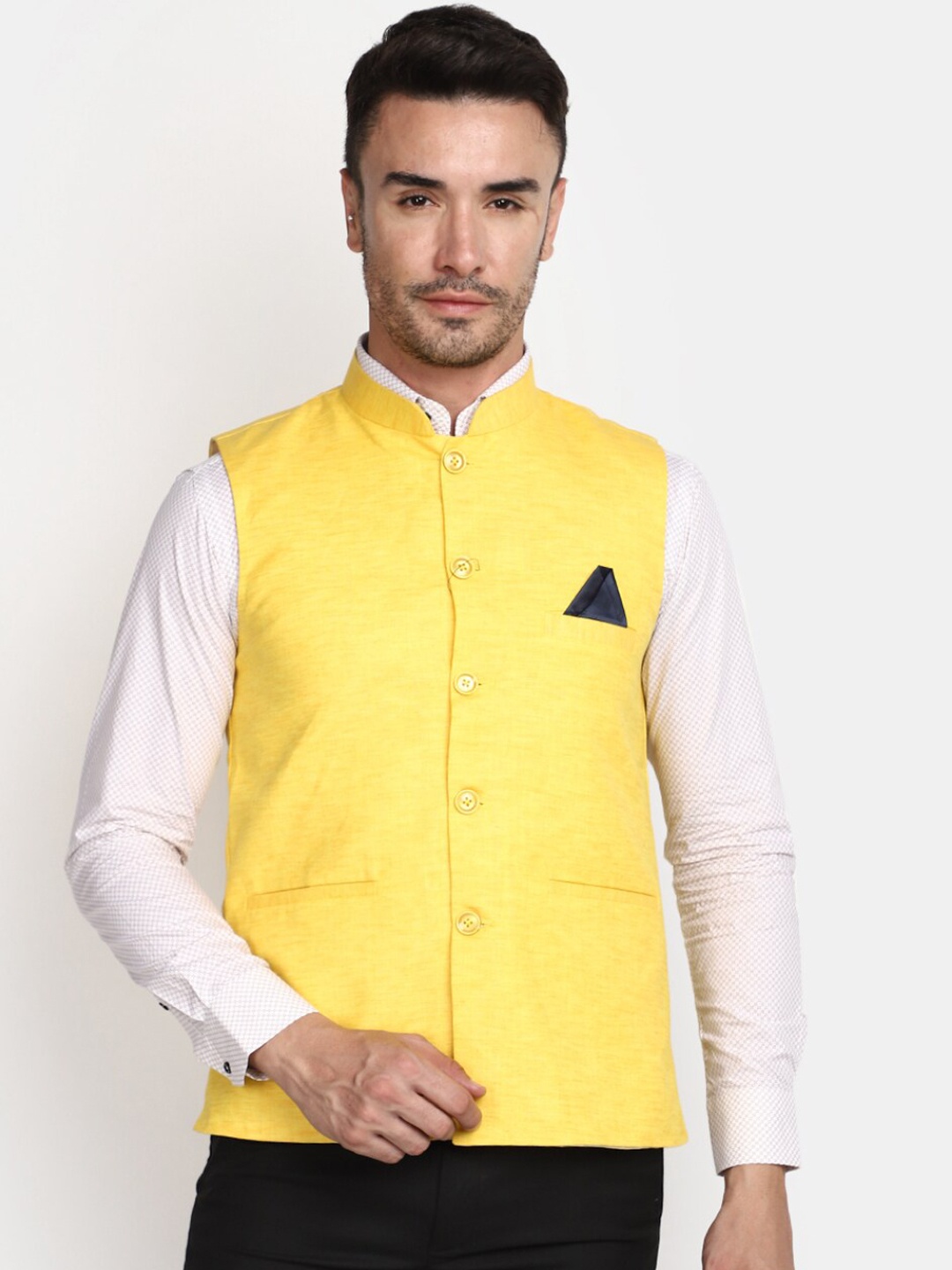 

V-Mart Mandarin Collar Cotton Nehru Jacket, Yellow