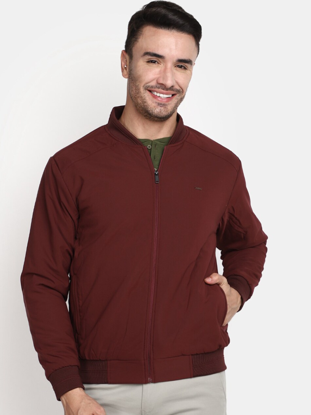 

V-Mart Stand Collar Bomber Jacket, Maroon