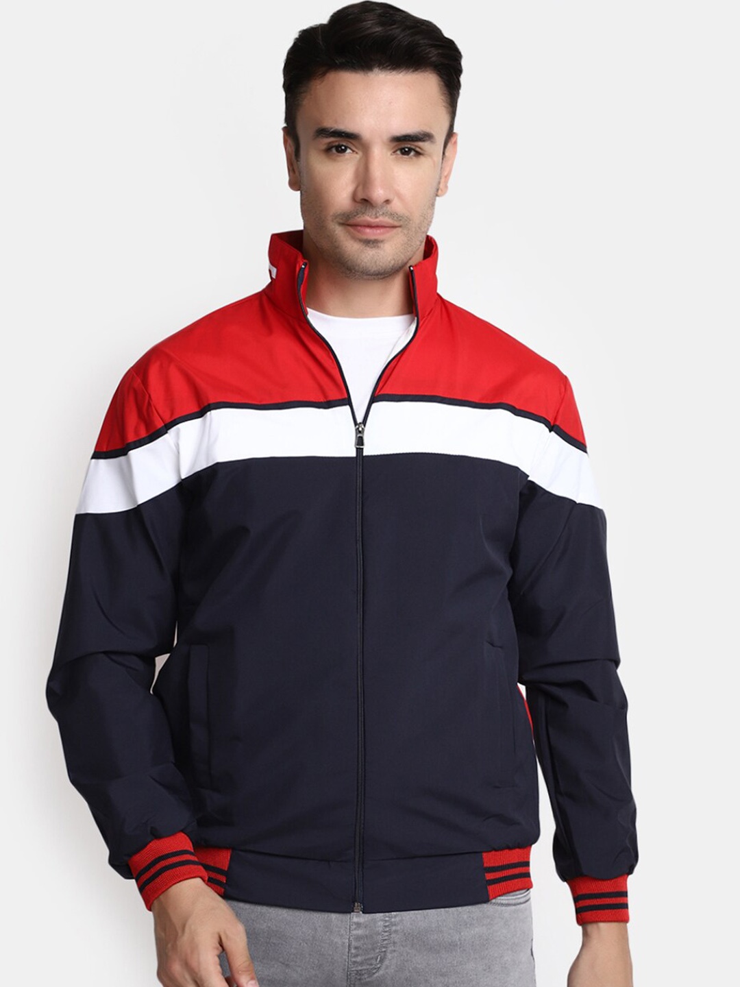 

V-Mart Colourblocked Mock Collar Cotton Bomber Jacket, Blue