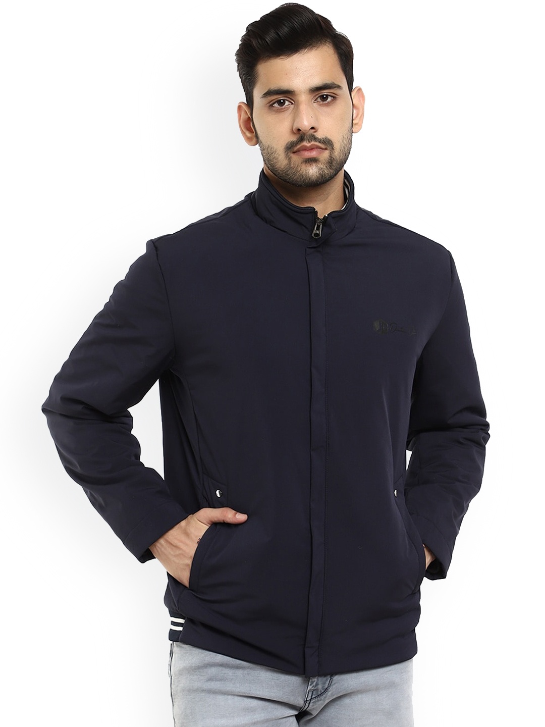 

V-Mart Mock Collar Long Sleeves Cotton Bomber Jacket, Blue