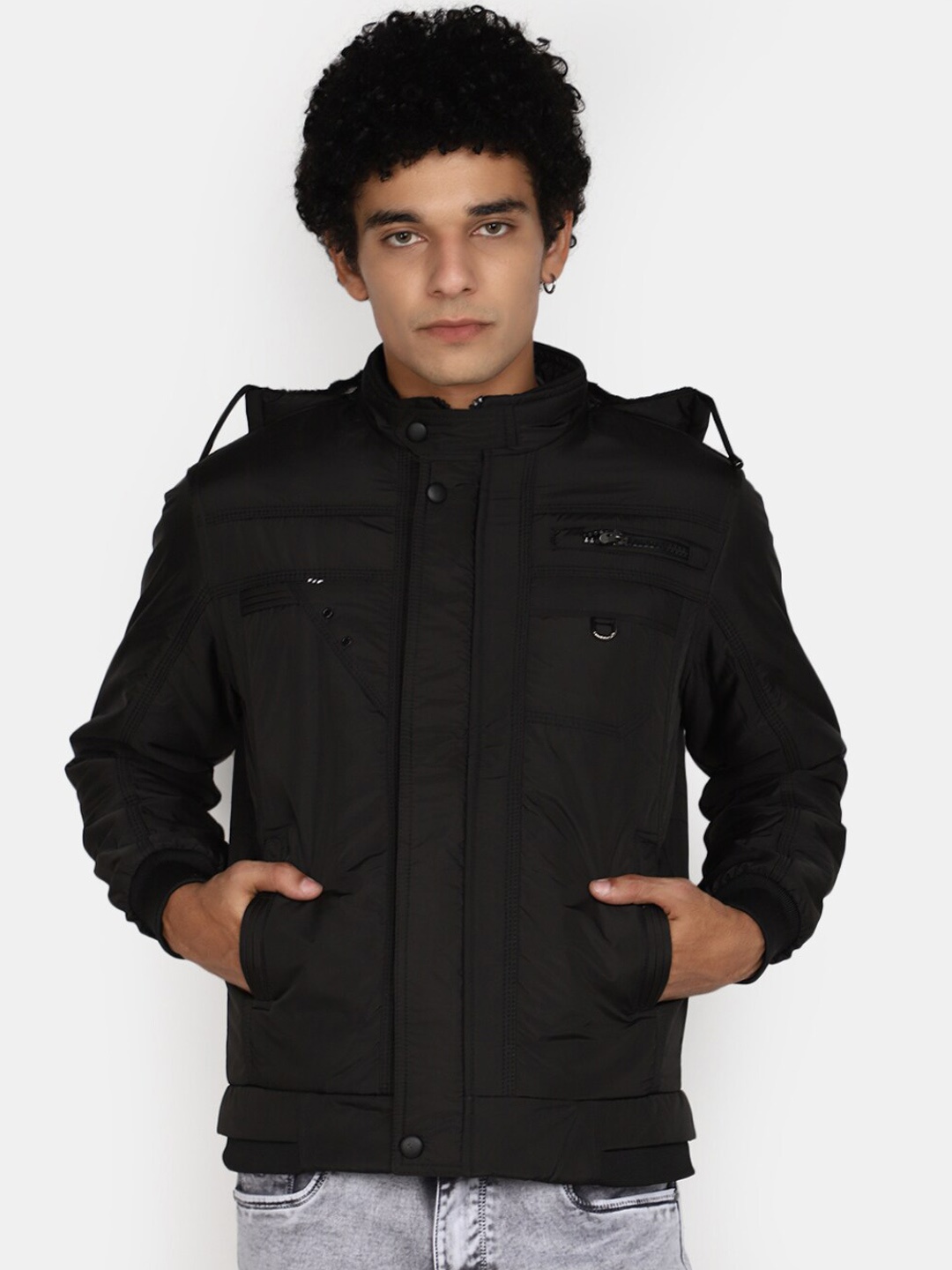 

V-Mart Mock Collar Hooded Cotton Sporty Jacket, Black