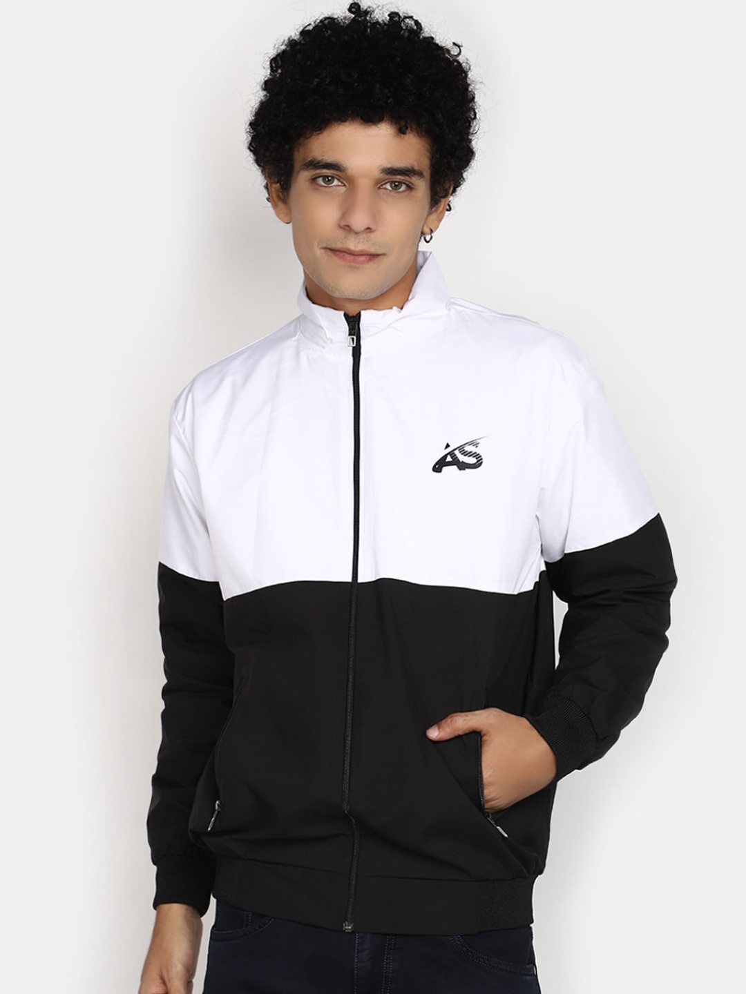 

V-Mart Colourblocked Mock Collar Cotton Bomber Jacket, Black
