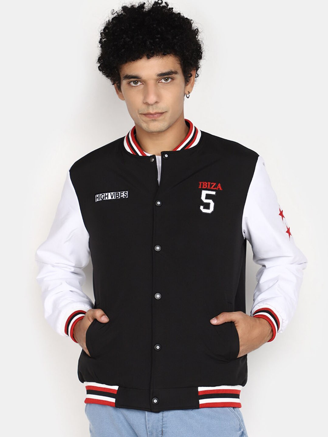 

V-Mart Typography Printed Cotton Varsity Jacket, Black