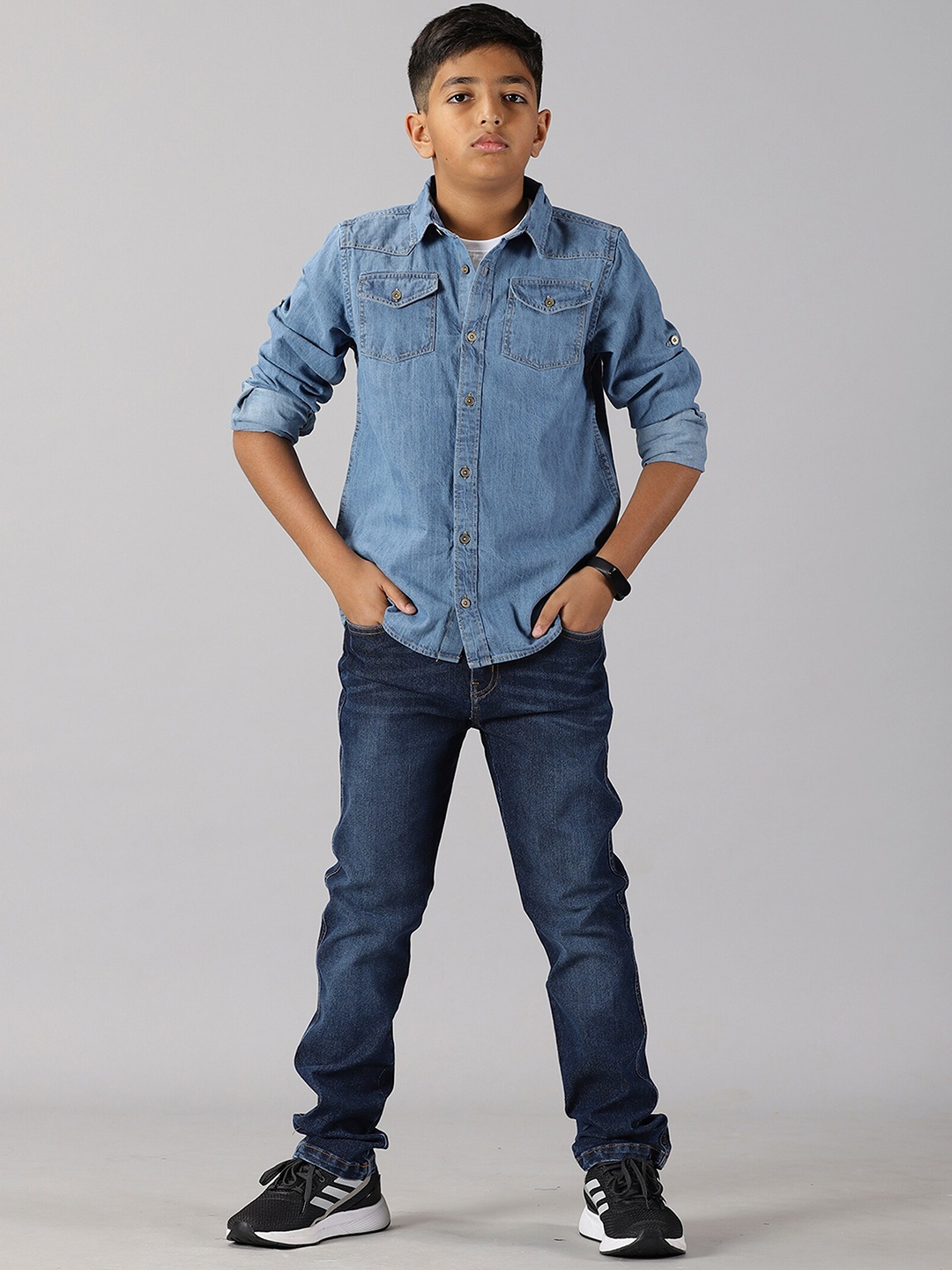 

KiddoPanti Boys Shirt Collar Denim Shirt With Trousers, Blue