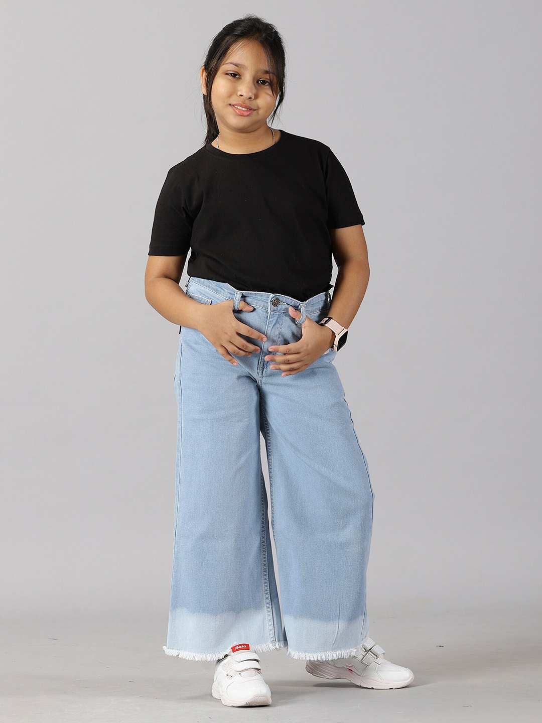 

KiddoPanti Girls Flared Denim T-shirt With Trousers, Black