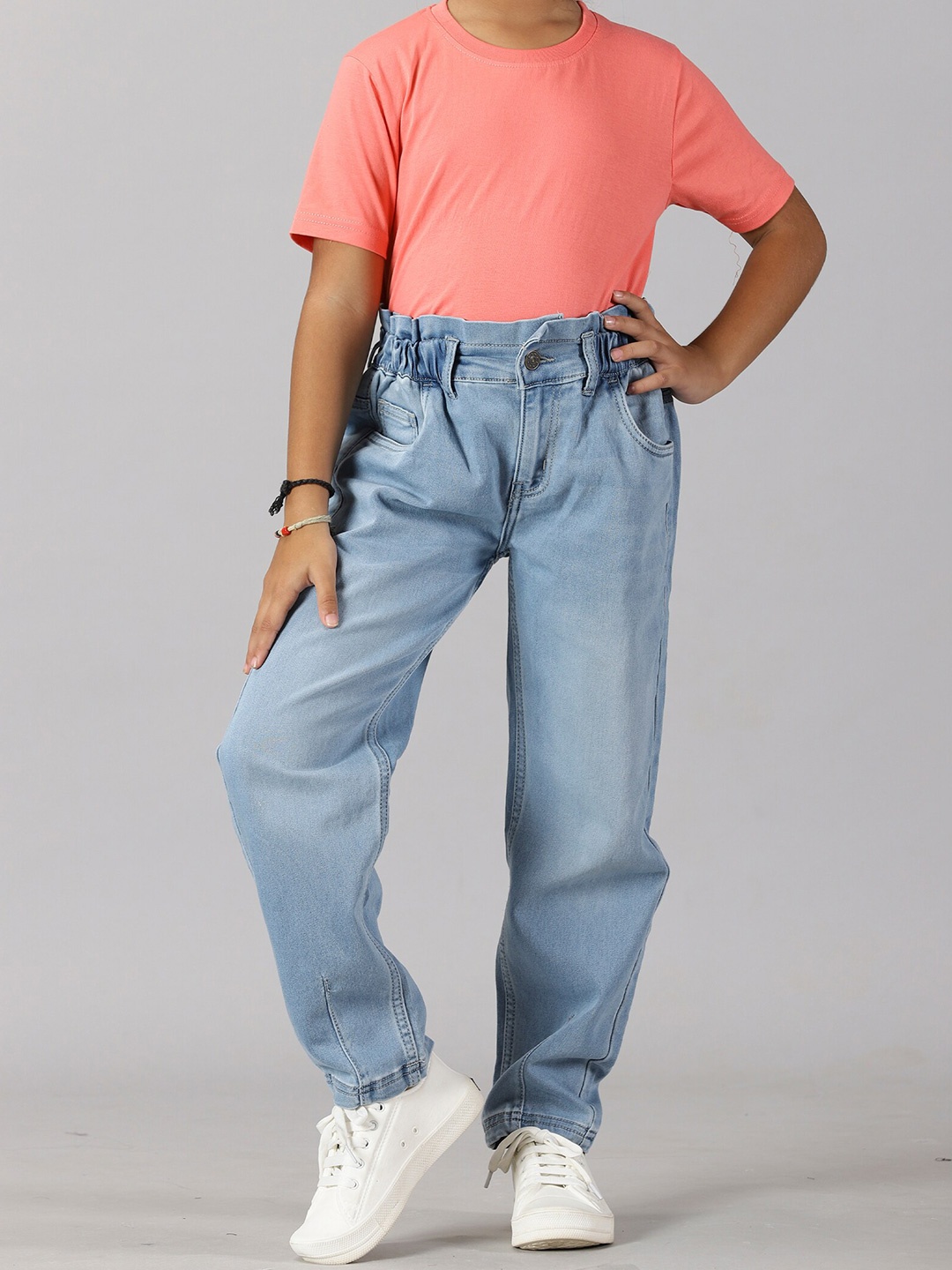 

KiddoPanti Girls Round Neck T-shirt with High Rise Jeans, Coral