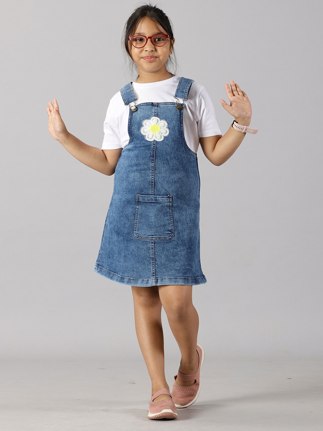 

KiddoPanti Girls Solid Denim Dungarees with T-shirt, Blue