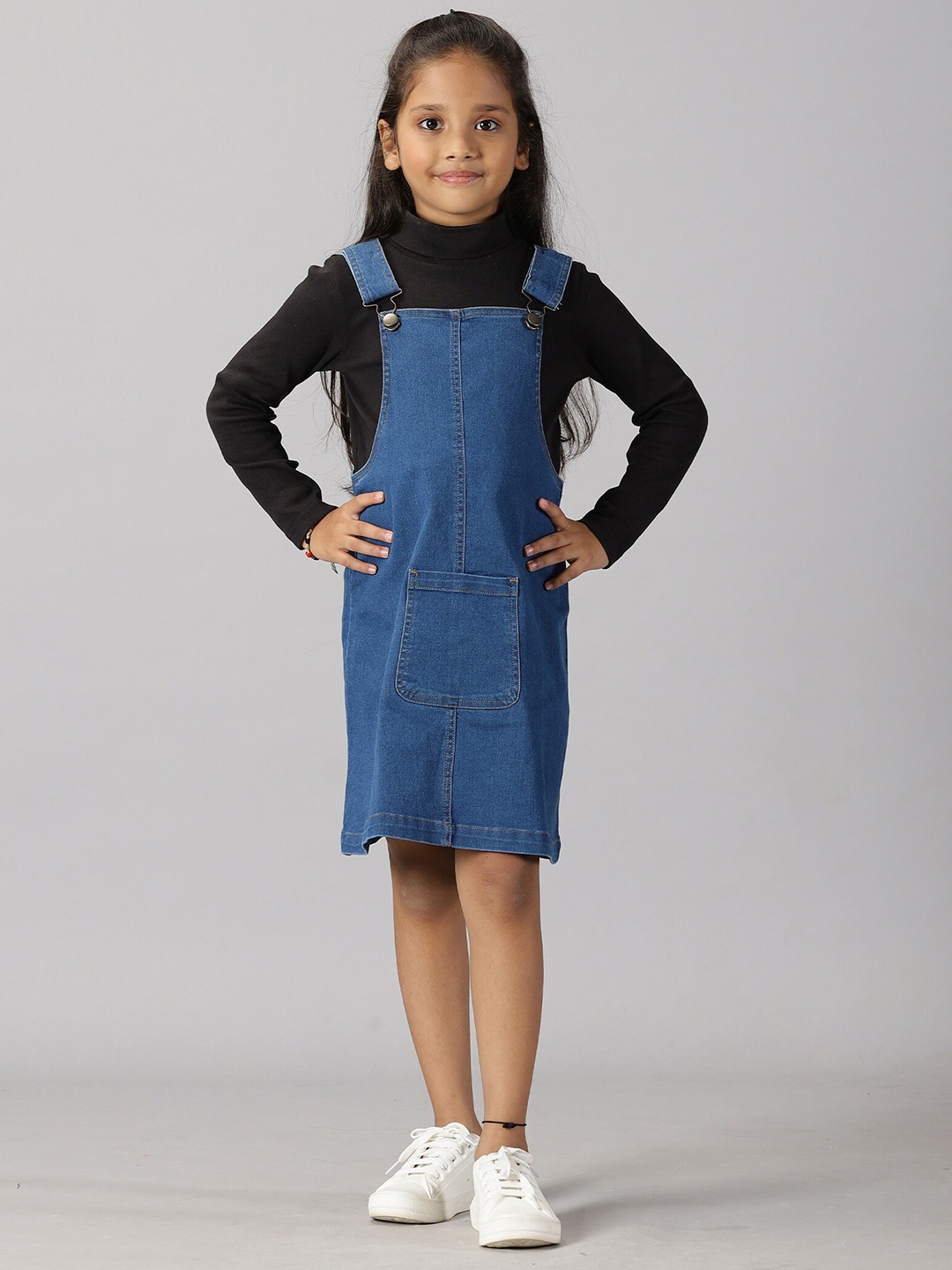 

KiddoPanti Girls High Neck Top Denim Pinafore dress, Black