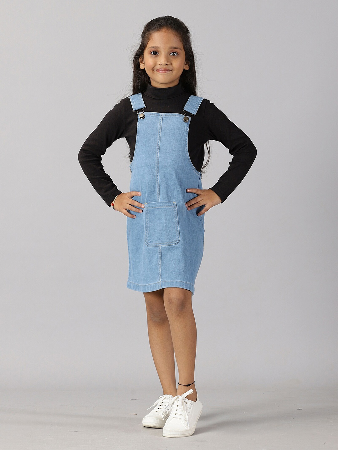 

KiddoPanti Girls High Neck Top Denim Pinafore dress, Blue