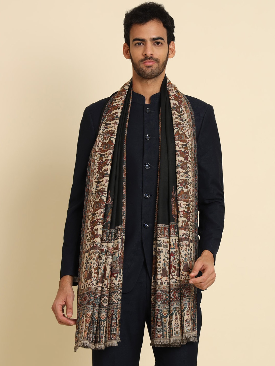 

Zamour Men Kashmiri Woven Kani Royal Shawl, Black