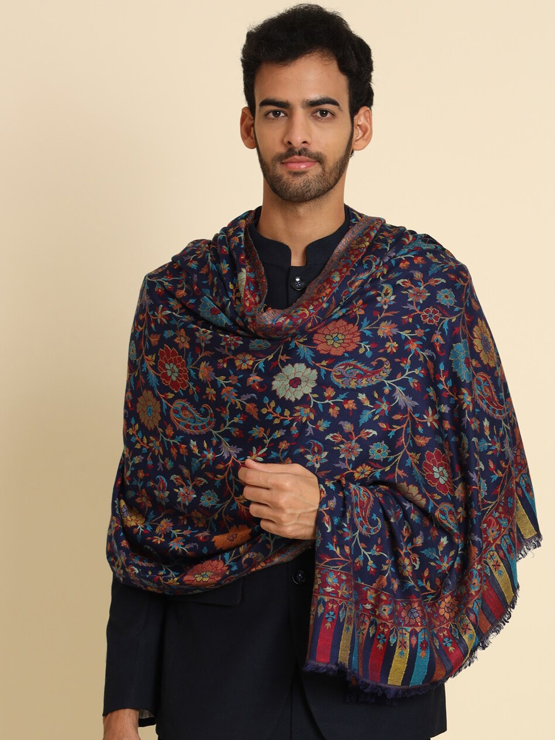 

Zamour Men Woven Design Kashmiri Shawl, Navy blue