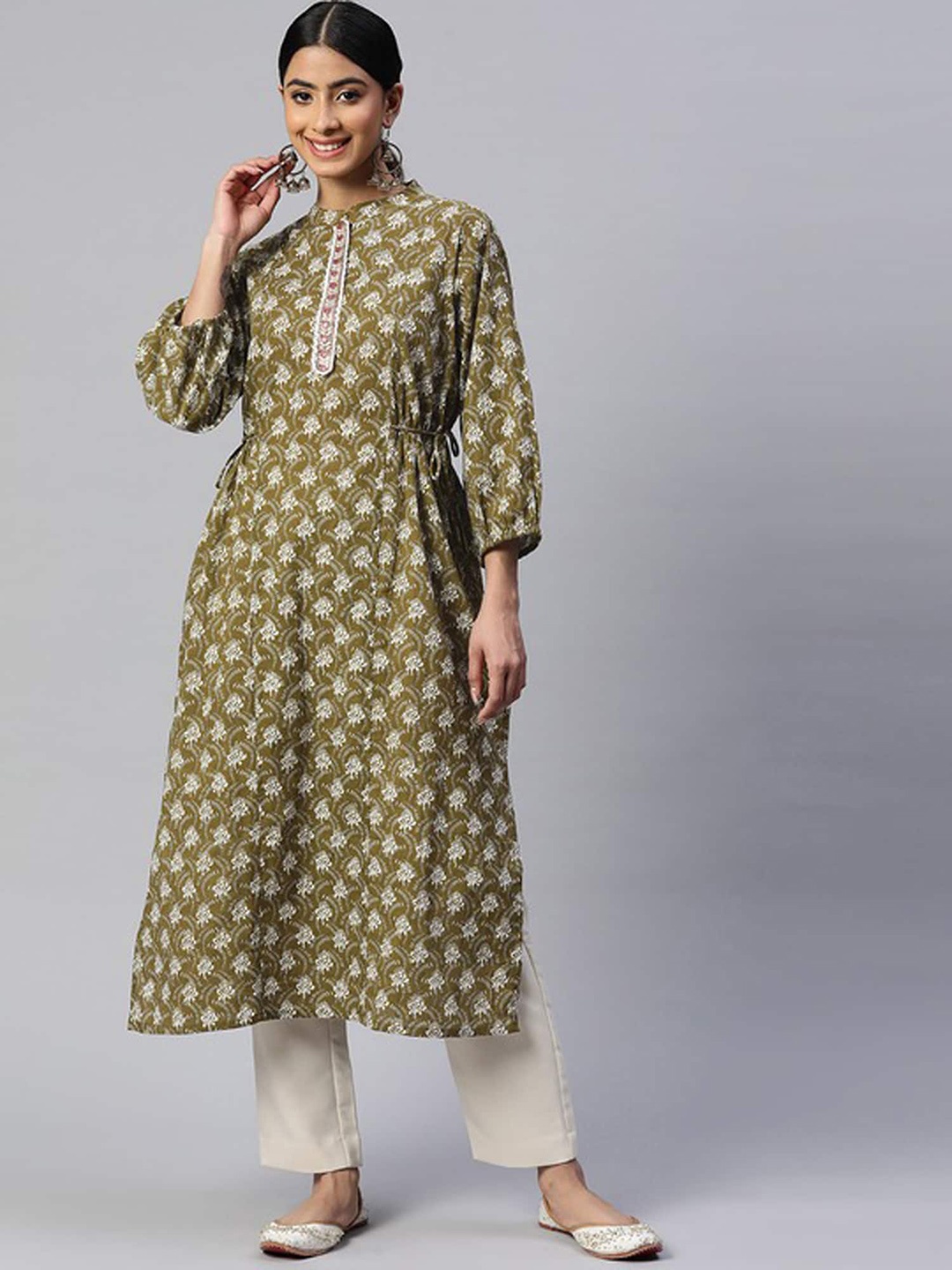 

Vbuyz Ethnic Motifs Printed Mandarin Collar Cotton Kurta, Teal