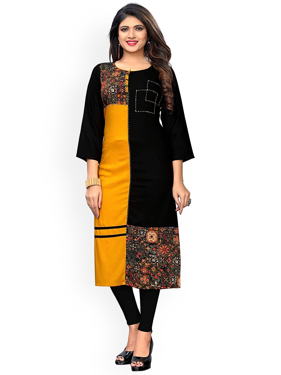 

KALINI Ethnic Motifs Thread Work Regular Kurta, Black