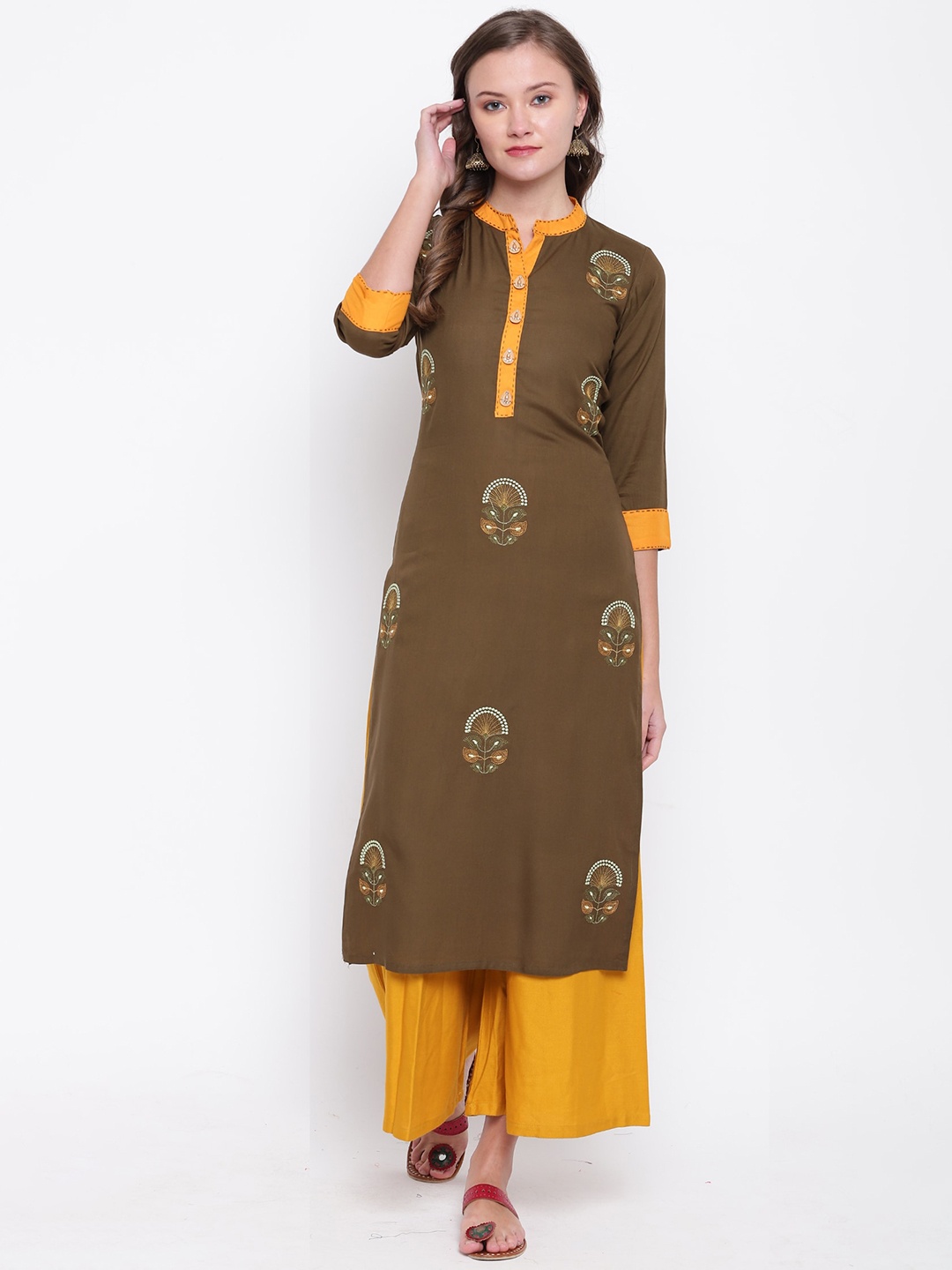 

KALINI Ethnic Motifs Embroidered Kurta, Brown