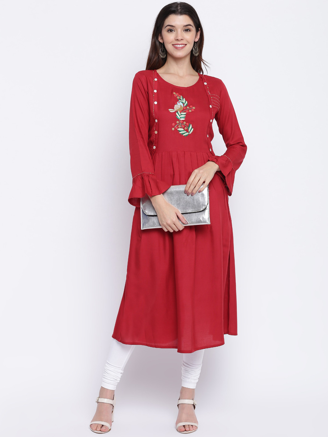 

KALINI Floral Embroidered Bell Sleeves Pleated A-Line Kurta, Red