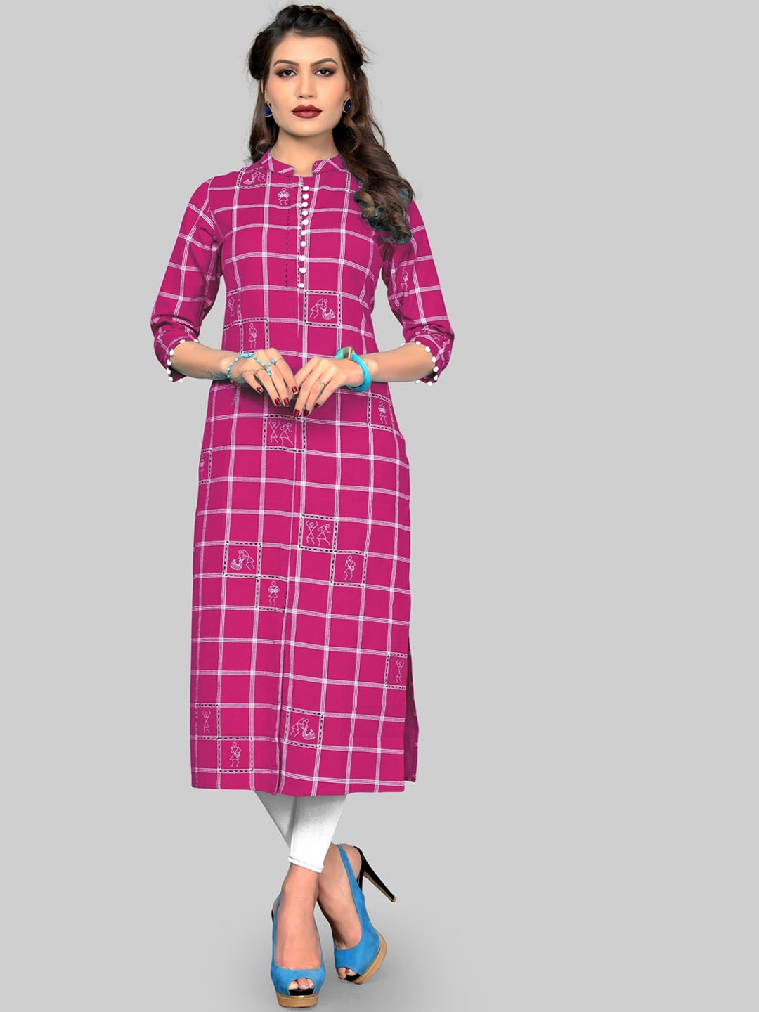 

Vbuyz Checked Thread Work Cotton Regular Kurta, Pink