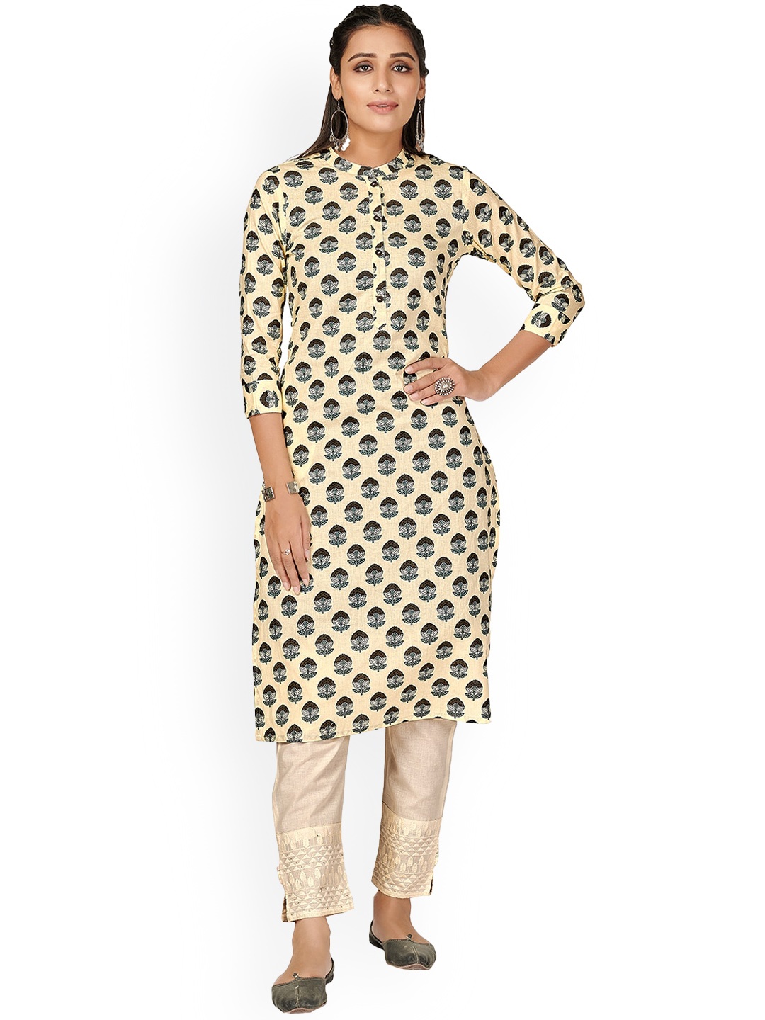 

KALINI Ethnic Motifs Printed Mandarin Collar Cotton Straight Kurta, Cream