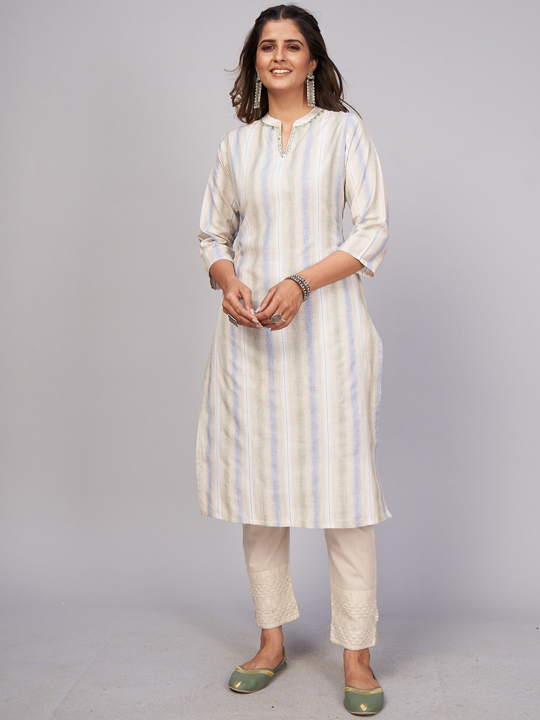 

KALINI Striped Mirror Work Straight Kurta, Beige