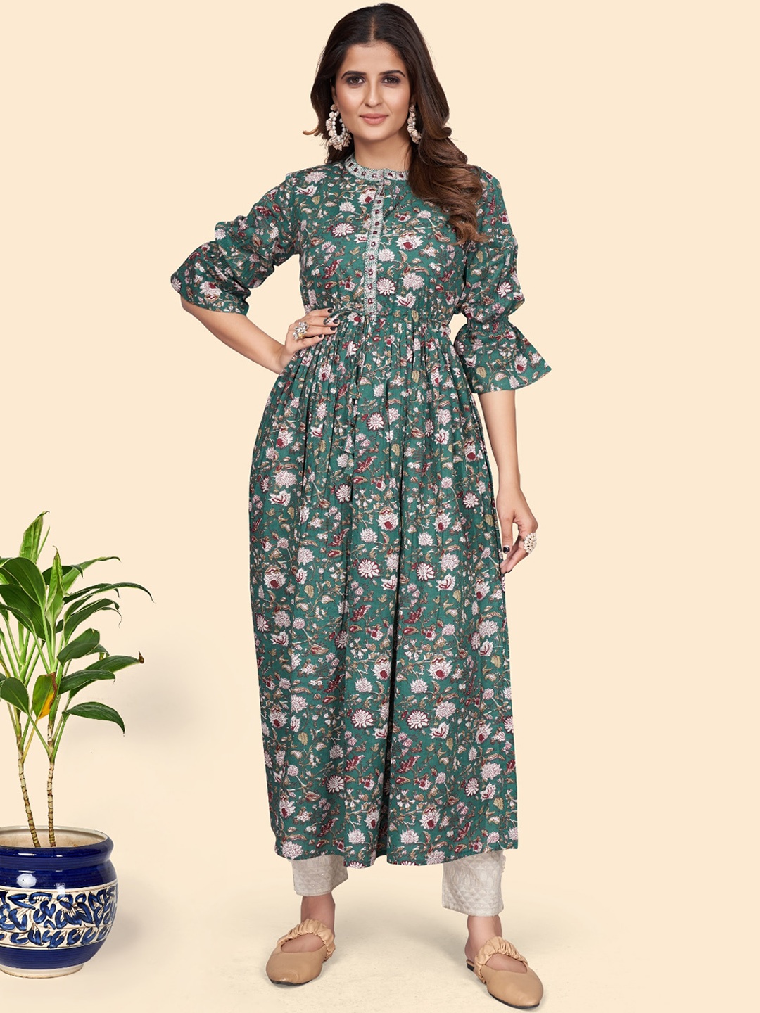 

Vbuyz Floral Printed Puff Sleeve Thread Work Cotton Pleated A-Line Kurta, Turquoise blue