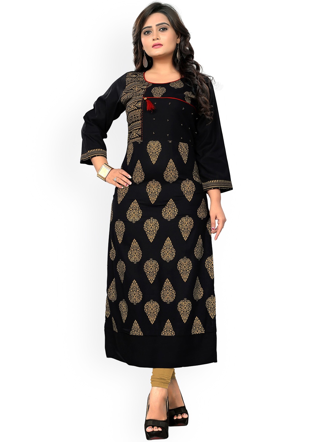 

Vbuyz Ethnic Motifs Printed A-Line Kurta, Black