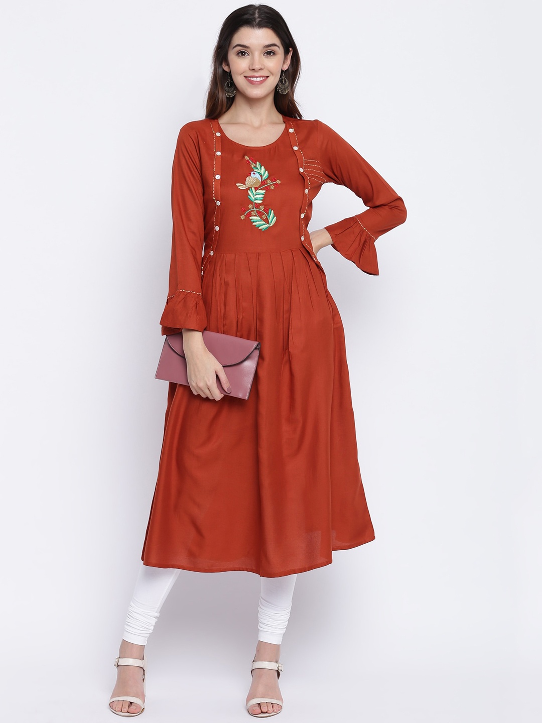 

KALINI Floral Embroidered Bell Sleeves Thread Work Anarkali Kurta, Rust