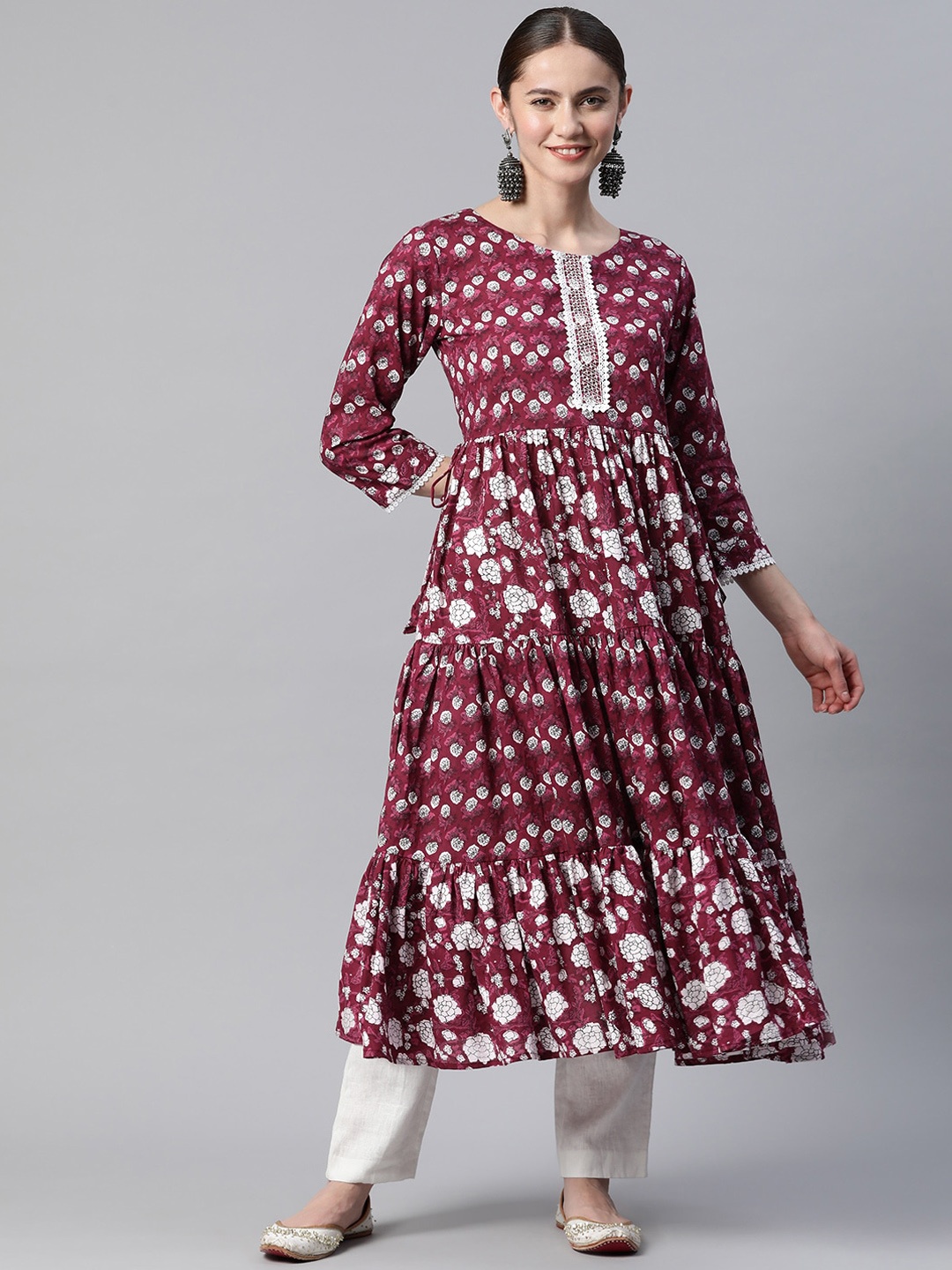 

Vbuyz Floral Printed Tiered Cotton Anarkali Kurta, Purple