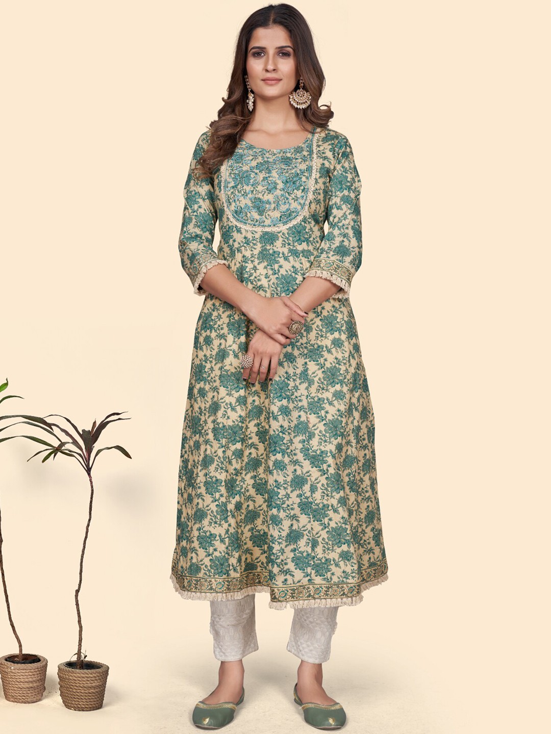 

KALINI Floral Printed Thread Work Cotton A-Line Kurta, Blue
