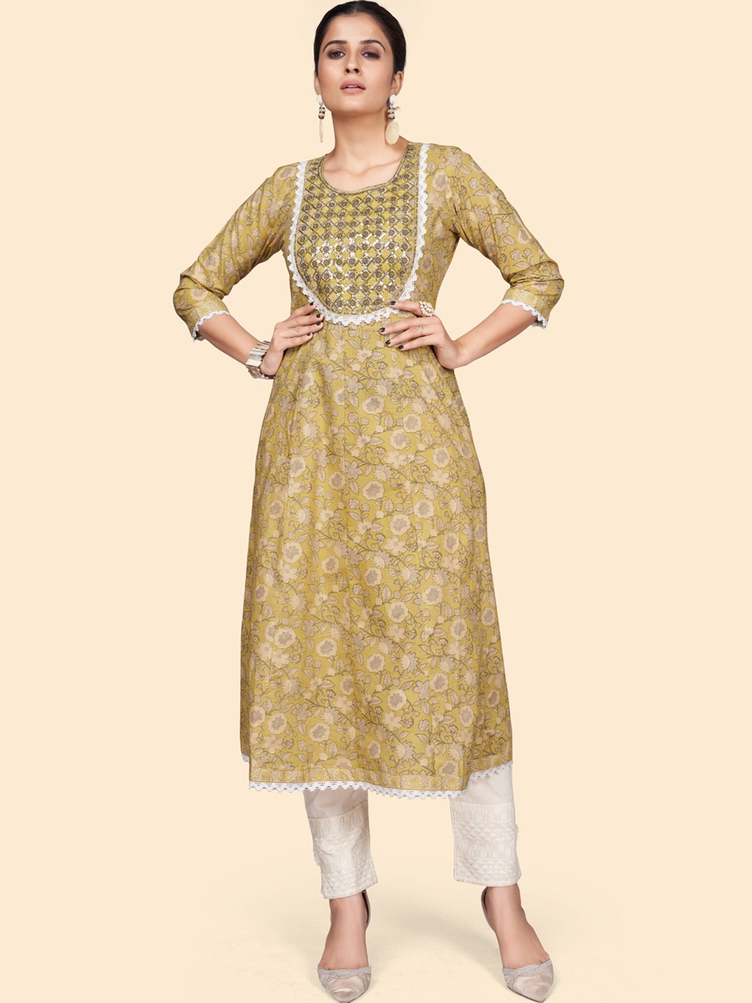 

Vbuyz Floral Printed Sequinned Cotton A-Line Kurta, Olive