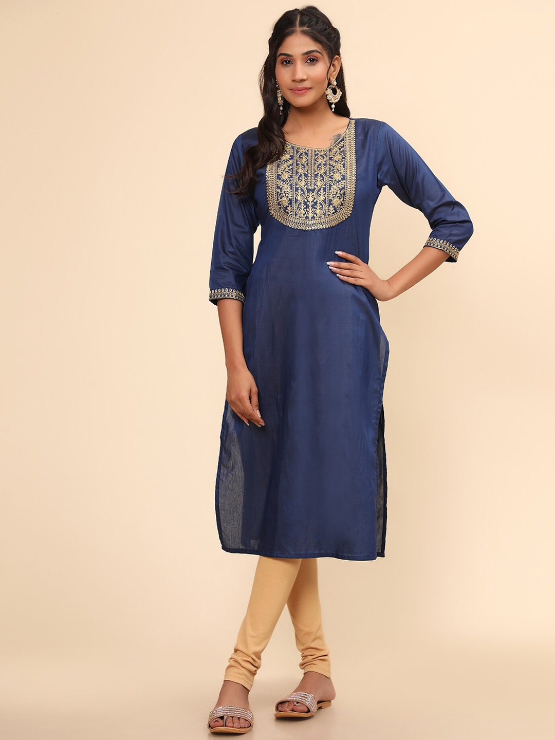 

Vbuyz Ethnic Motifs Sequinned Embroidered Chanderi Silk Regular Kurta, Blue