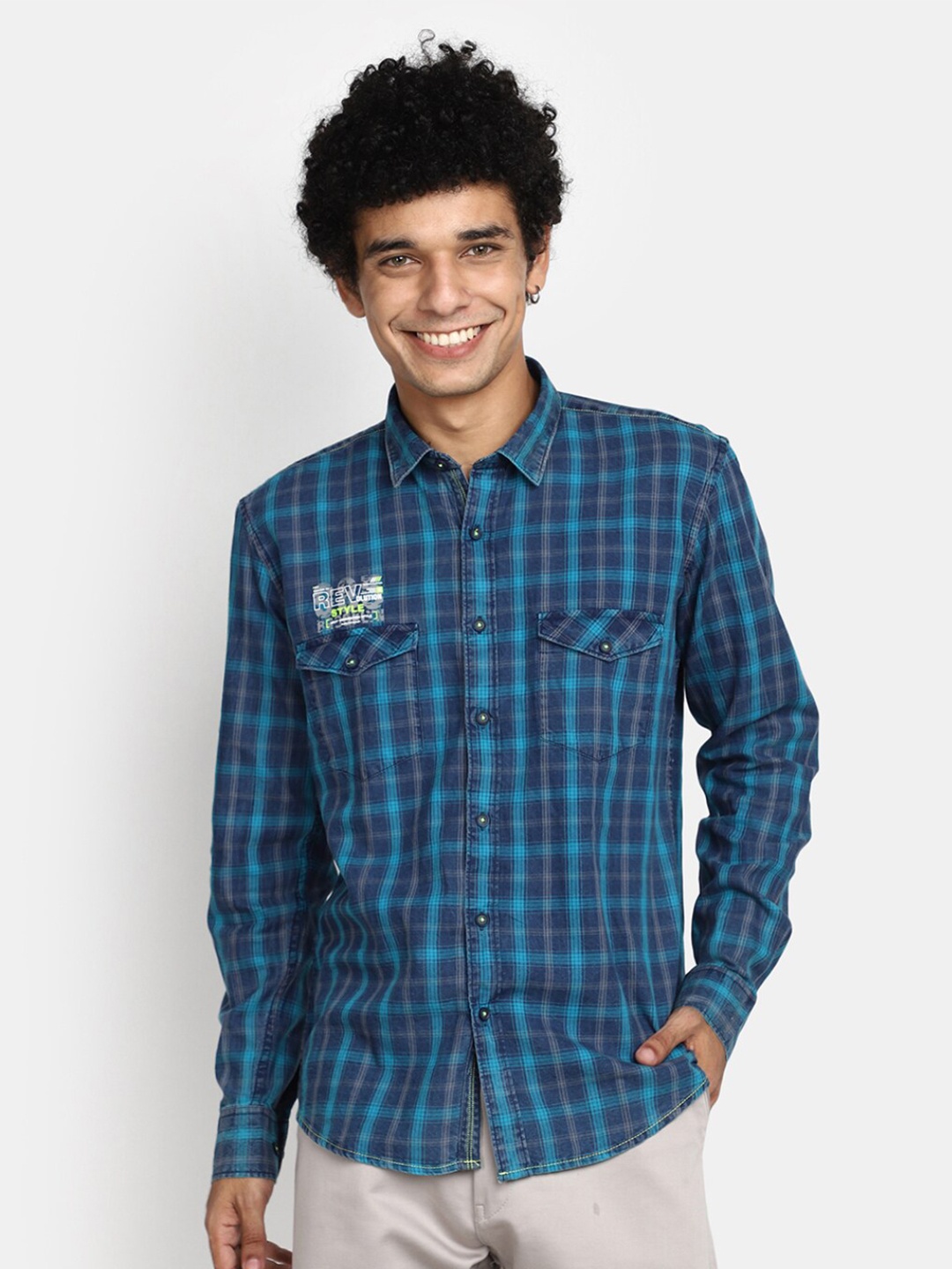

V-Mart Slim Fit Opaque Checked Cotton Casual Shirt, Blue