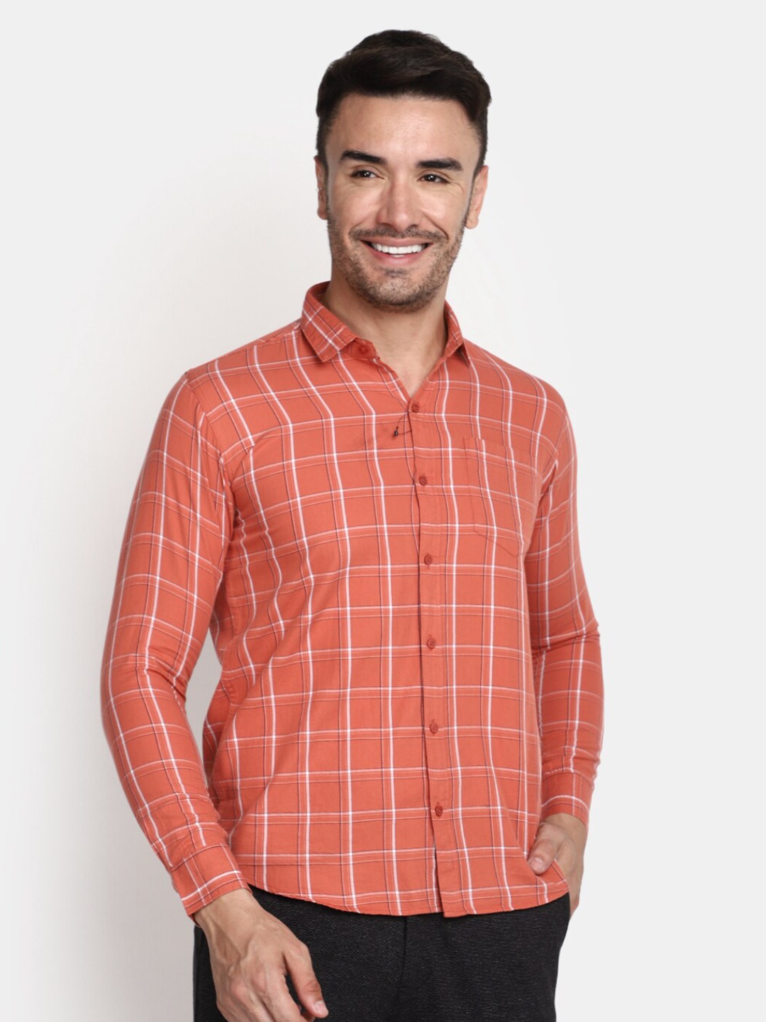 

V-Mart Windowpane Checked Cotton Casual Shirt, Rust