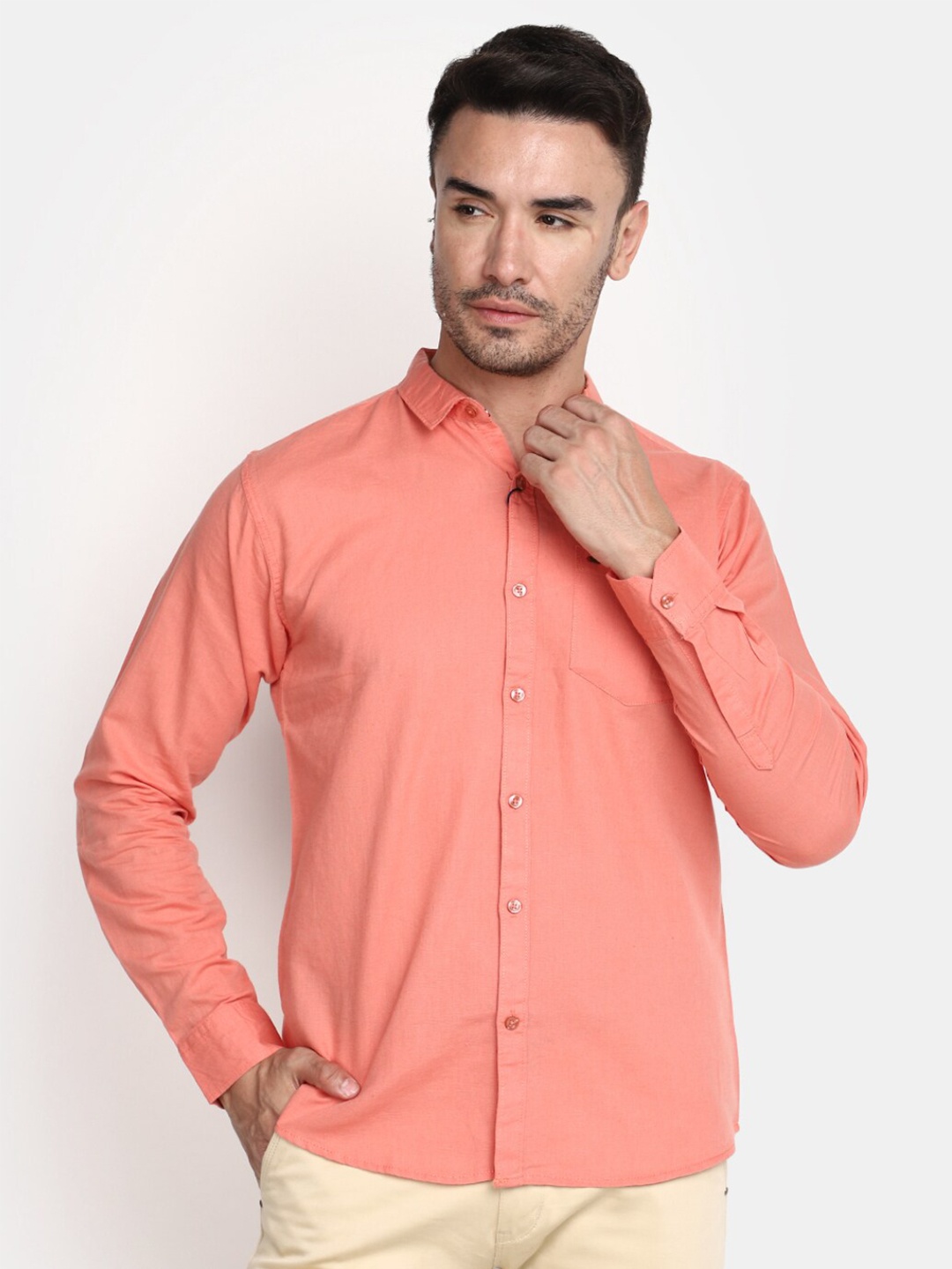 

V-Mart Spread Collar Cotton Linen Casual Shirt, Orange