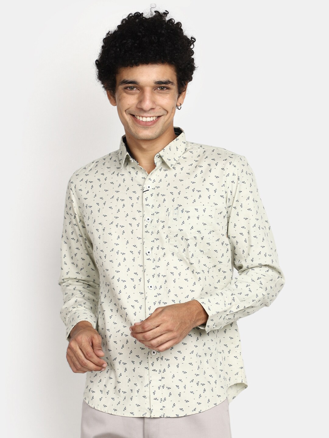 

V-Mart Micro Ditsy Printed Twill Spread Collar Long Sleeves Cotton Casual Shirt, Beige