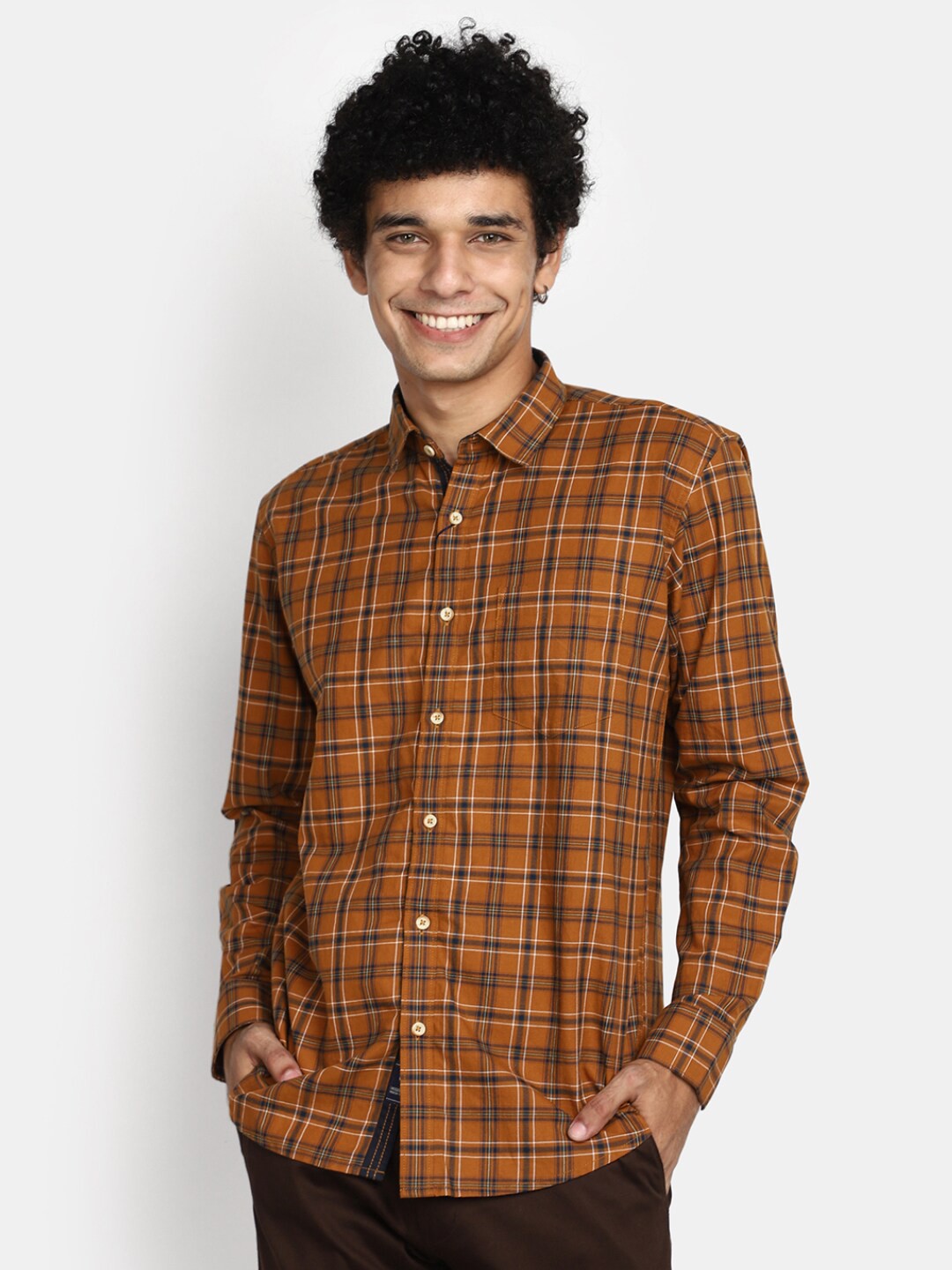 

V-Mart Tartan Checked Twill Spread Collar Casual Cotton Shirt, Mustard
