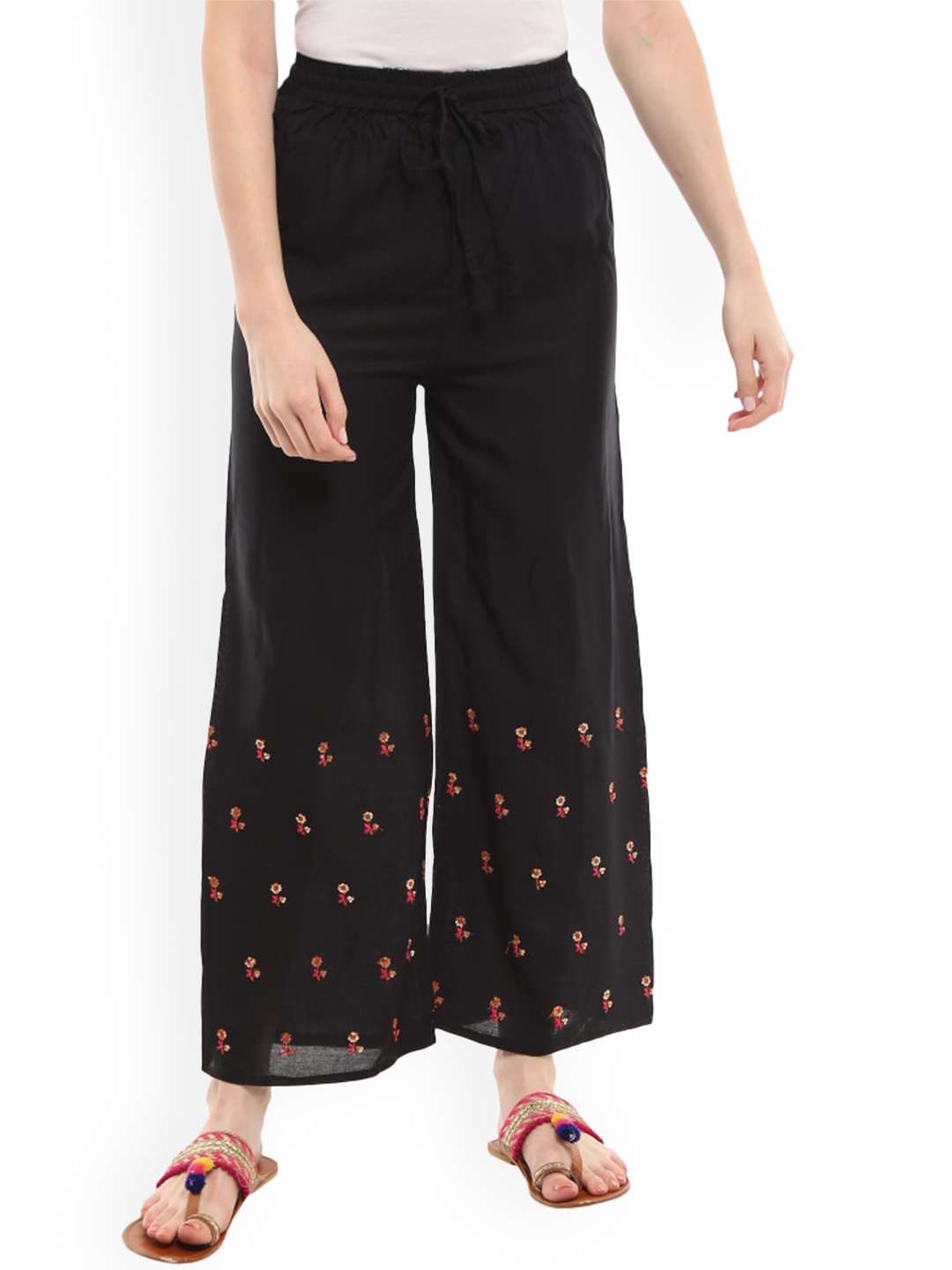 

V-Mart Floral Printed Mid Rise Flared Palazzo, Black
