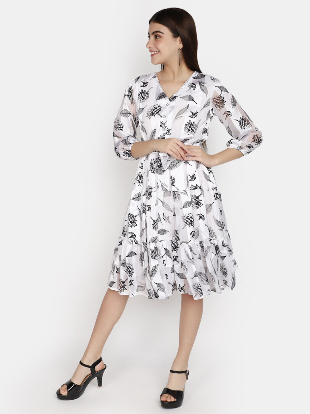 

V-Mart Floral Printed Georgette Fit & Flare Dress, White