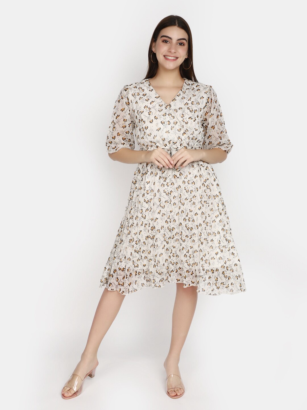 

V-Mart Floral Printed V-Neck Puff Sleeves Cotton Fit & Flare Dress, White