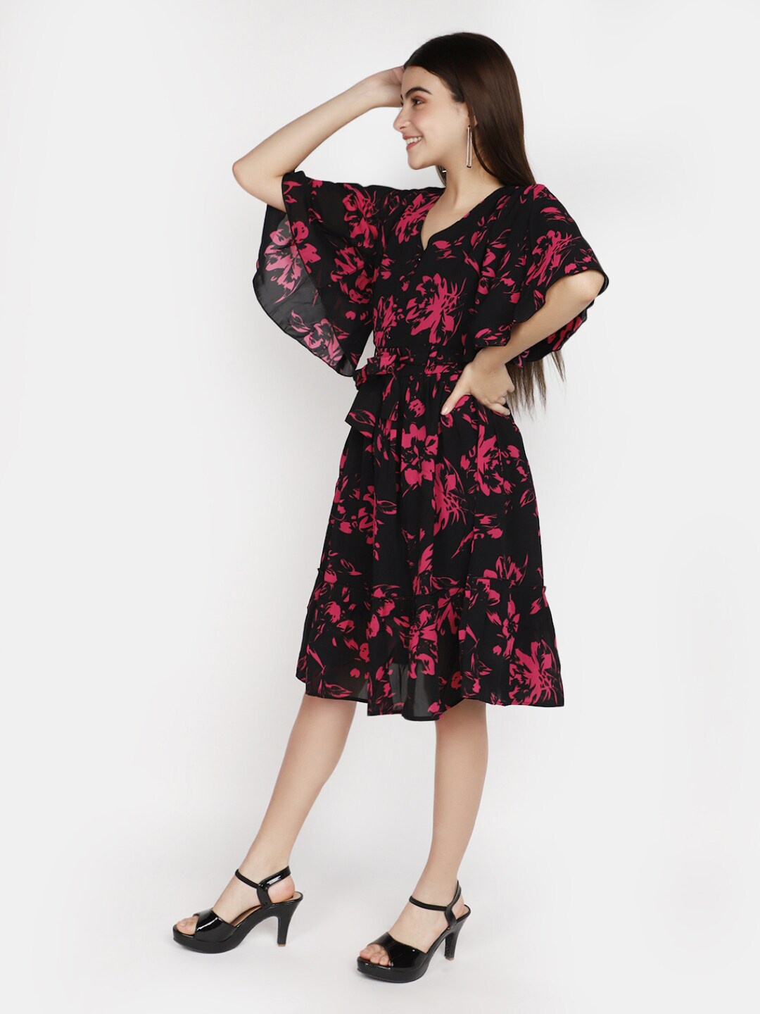 

V-Mart Floral Printed Flared Sleeves Fit & Flare Cotton Midi Dress, Black