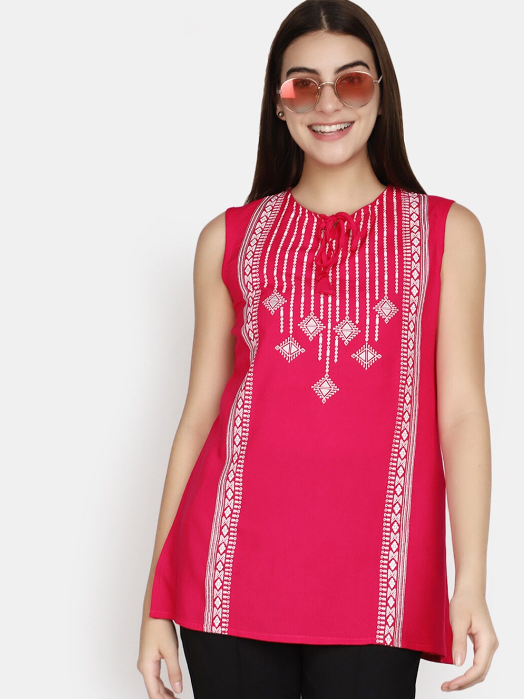 

V-Mart Ethnic Motifs Printed Tie-Up Neck A-Line Kurti, Pink