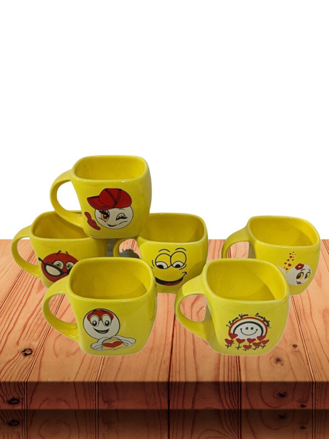

Love Unlimited Yellow & Red 6 Pieces Smiley Printed Ceramic Glossy Cups - 125 ML Each