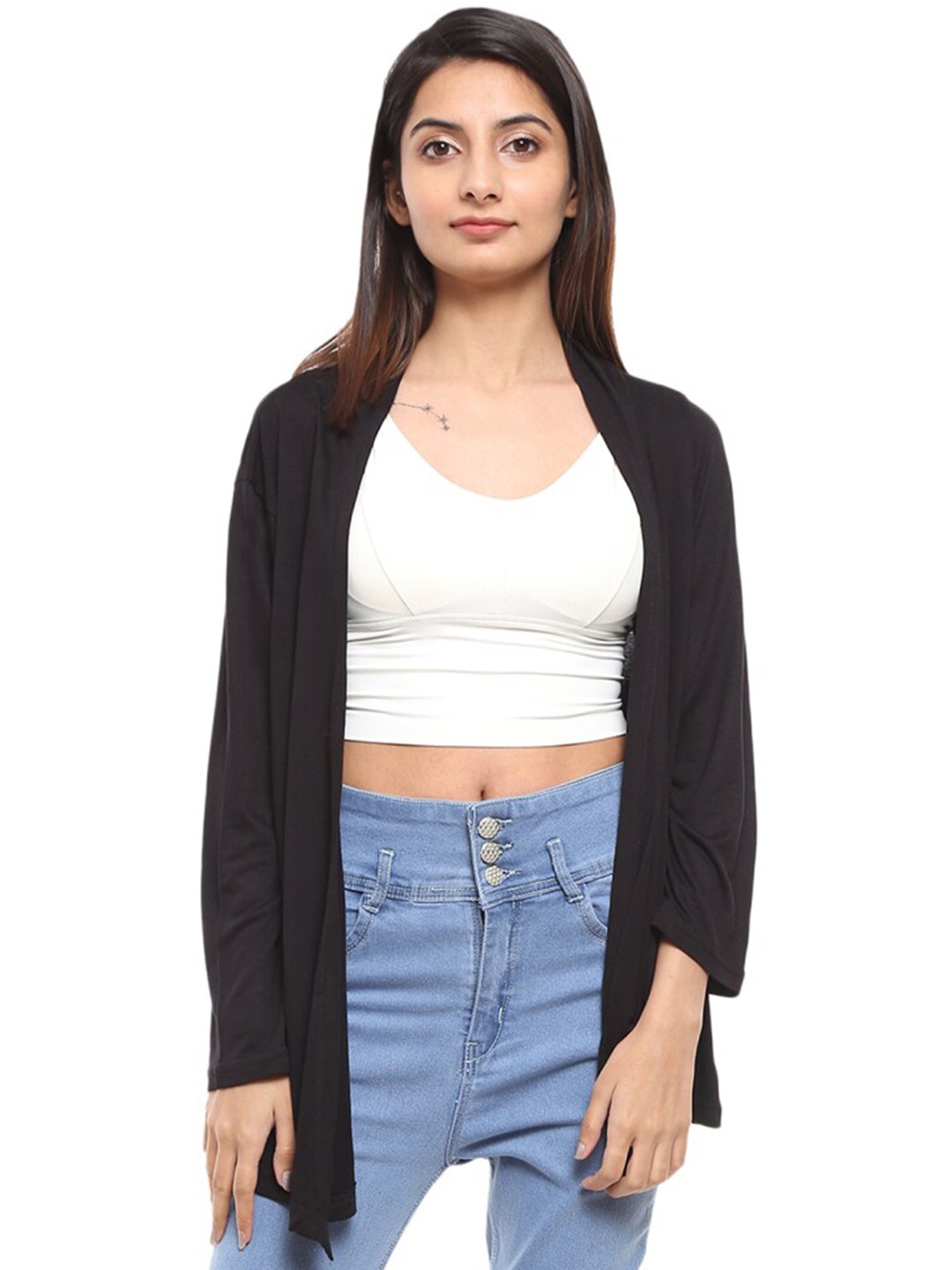 

V-Mart Long Sleeves Cotton Front Open Shrug, Black
