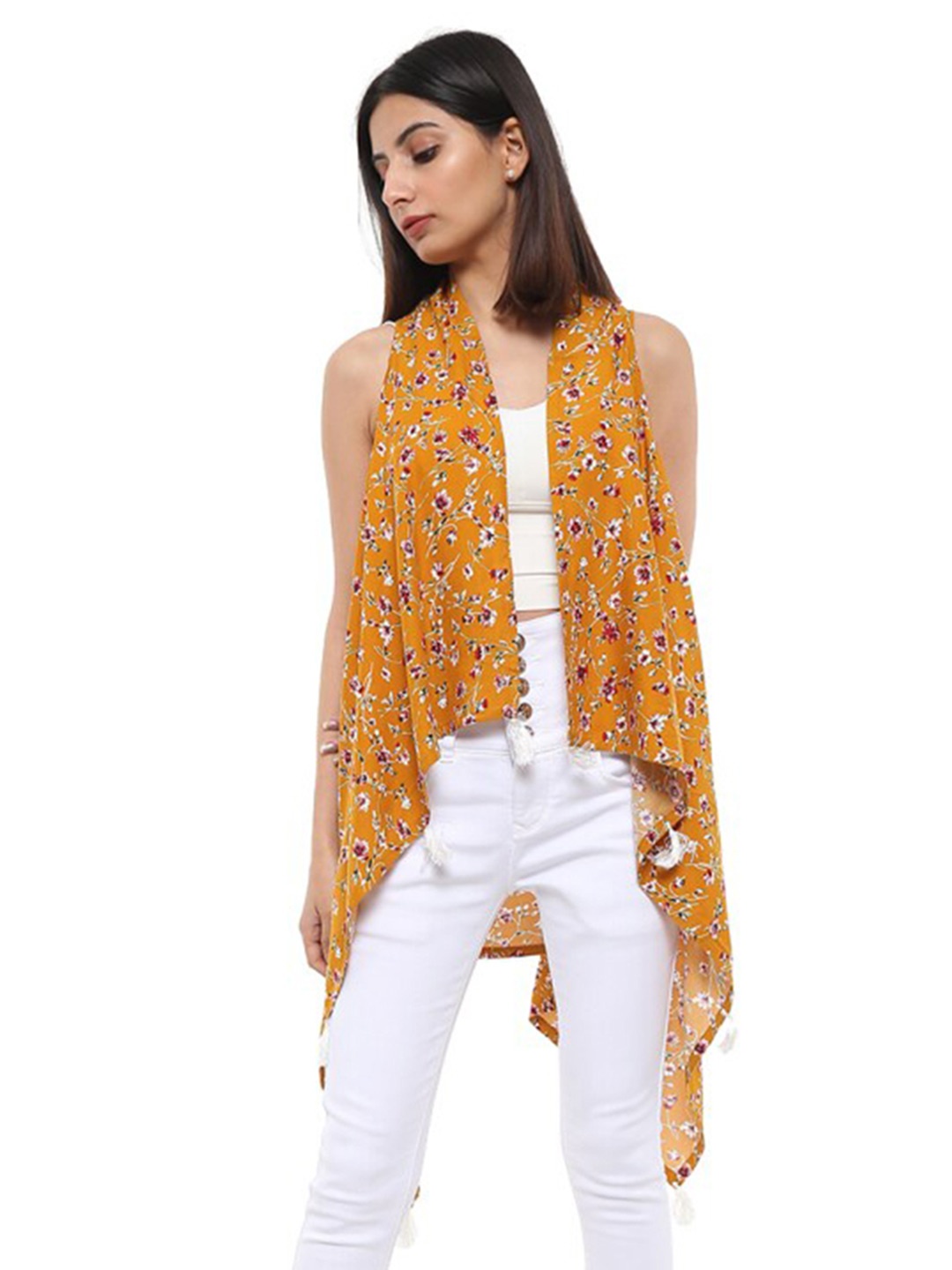 

V-Mart Floral Printed Open Front Shrug, Mustard